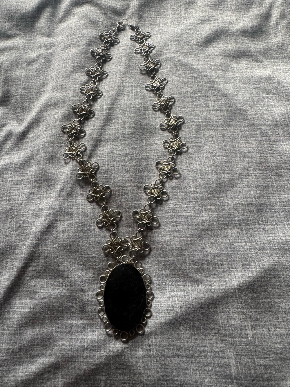Black Gemstone Silver-Tone Filigree Pendant Necklace from Todos Santos Mexico